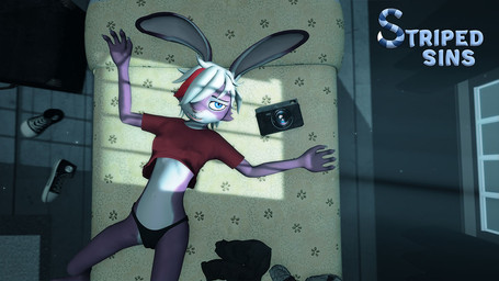 anthro bed bedroom camera clothed clothing clothing_aside clothing_lift female footwear fur furniture hair night panties partially_clothed purple_body purple_fur shirt shoes sneakers solo t-shirt topwear underwear white_hair willitfit striped_sins june_(striped_sins) lagomorph leporid mammal rabbit 16:9 3d_(artwork) digital_media_(artwork) widescreen