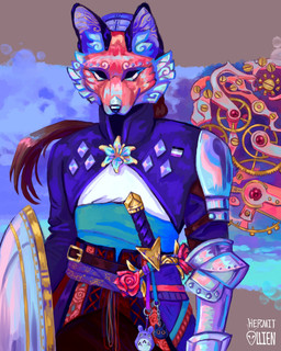 accessory armor asexual_pride_colors badge biped blue_clothing brown_hair clockwork clothed clothing empty_eyes flower gauntlets gloves hair handwear inner_ear_fluff lgbt_pride looking_at_viewer ornament pauldron plant pride_colors sash sheathed_sword shield snout tuft hermitollien canid canine fox mammal hi_res