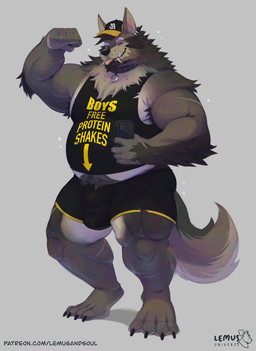 anthro armpit_hair blep body_hair bulge clothed clothing collar detailed_bulge fangs flexing flexing_bicep fur happy_trail male musclegut muscular muscular_anthro muscular_male paws solo tail teeth text tongue tongue_out lemusuniverse mythology bruno_(rossciaco) canid canine mammal mythological_canine mythological_creature werecanid werecanine werecreature werewolf english_text hi_res url