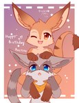 anthro birthday blue_eyes brown_eyes duo female fur gradient_background grey_body grey_fur male one_eye_closed open_mouth simple_background text kryztar absurd_res artist_name digital_media_(artwork) english_text hi_res japanese_text shaded