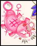 angry cross-popping_vein fangs female female_symbol gender_symbol pink_body pink_eyes pink_scales scales simple_background solo symbol teeth vein white_background kii_cat fakemon pokemon_clover fish fishnism marine hi_res traditional_media_(artwork)