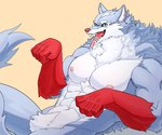 anthro featureless_crotch male muscular muscular_anthro muscular_male nipples pecs sitting smile solo tongue tongue_out warwickislovely campfire_cooking_in_another_world_with_my_absurd_skill fel_(fenrir) canid canine canis mammal wolf hi_res