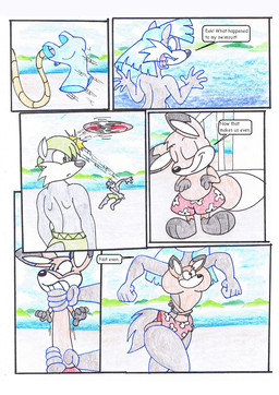 anthro blue_hair clothing female group hair male outside sea speech_bubble swimwear text water virus-20 wendy_wolf_(virus-20) canid canine canis fox mammal wolf 2009 comic english_text