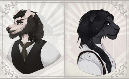 abstract_background anthro beard black_beard black_body black_clothing black_facial_hair black_fur black_hair black_nose black_topwear blue_eyes clothed clothing facial_hair female floppy_ears fur glistening glistening_eyes hair long_hair male messy_hair narrowed_eyes solo topwear unsigned white_body white_clothing white_fur white_topwear santanahoffman canid felid mammal bust_portrait multiple_images portrait