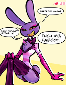 anthro bulge butt chest_tuft choker clothed clothing cosplay crossover_cosplay eyelashes eyeshadow femboy fur genitals gloves handwear homophobic_slur jewelry long_eyelashes looking_at_viewer makeup male necklace profanity purple_body simple_background slur smile smirk smug smug_face smug_grin solo teeth text tuft eviltqf glitch_productions hazbin_hotel hellaverse the_amazing_digital_circus angel_dust jax_(tadc) lagomorph leporid mammal rabbit crossover digital_media_(artwork) english_text hi_res