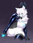 anthro armwear blue_blush blue_markings blue_nipples blue_nose blue_pussy blush breasts chest_tuft clothing female genitals hair hooves latex legwear looking_at_viewer markings nipples presenting pussy raised_leg short_hair simple_background sitting solo tuft white_hair yellow_eyes luckypan nosivi deer mammal 2017 digital_media_(artwork) hi_res shaded