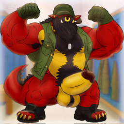 anthro armpit_fetish armpit_hair armpit_tuft army army_clothing army_hat army_outfit army_uniform balls barazoku beard bedroom_eyes belly_hair belt biceps big_muscles big_pecs black_armpit_hair black_beard black_belt black_body black_boots black_chest_hair black_clothing black_facial_hair black_footwear black_fur black_hair black_mustache black_pubes black_scales body_hair boots bottomless bottomless_anthro bottomless_male chest_hair claws clothed clothing cocky cocky_grin combat_boots dog_tags dominant dominant_anthro dominant_male ear_piercing facial_hair facial_piercing fist flexing flexing_bicep flexing_both_biceps flexing_muscles flexing_pecs flirting flirting_look flirting_with_viewer footwear fur general_(rank) genitals gloves gold_(metal) gold_ear_piercing gold_jewelry gold_nose_ring green_clothing green_gloves green_handwear green_hat green_headwear green_topwear green_vest grin grinning_at_viewer hair handwear happy_trail hat headgear headwear huge_muscles imminent_sex inviting inviting_to_sex inviting_viewer jewelry locker locker_bench locker_room locker_room_sex male manly mature_anthro mature_male military military_cap military_clothing military_gloves military_hat military_uniform military_vest multicolored_body multicolored_fur muscular muscular_anthro muscular_arms muscular_male muscular_thighs mustache narrowed_eyes nipples nose_piercing nose_ring offering_sex offering_to_viewer partially_clothed partially_clothed_anthro partially_clothed_male pecs penis piercing pipe pipe_in_mouth pose presenting presenting_balls presenting_body presenting_pecs presenting_penis pubes raised_arms raised_fist raised_hand red_body red_scales ring_piercing scales seducing_viewer seductive shoes showing_off_muscles smile smiling_at_viewer smirk smirking_at_viewer smoking smoking_pipe soldier solo standing tail thick_arms thick_thighs toeless_boots toeless_footwear topwear tusks uniform vest warrior wide_stance yellow_body yellow_scales amideo mythology dragon mythological_creature mythological_scalie reptile scalie 1:1 hi_res