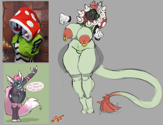 4_ears anthro big_breasts big_nipples breasts carnivorous_plant clothing empty_eyes female floating_hands fur genitals green_body grey_background grey_clothing grey_legwear hair legwear long_tail multi_ear nipples pink_body pink_fur plant red_hair simple_background solo tail thick_thighs vulva crietgh elemental_creature flora_fauna hi_res reference_image signature