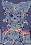 anthro arabian_clothing belly_dancer black_eyes black_nose blush ear_piercing eyelashes female grin hair inner_ear_fluff kemono looking_at_viewer middle_eastern_architecture navel one_eye_closed piercing smile solo sunset tuft wink oposa hibiki_(oposa) canid canine mammal 2023 absurd_res hi_res sketch