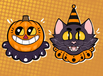 ambiguous_form ambiguous_gender black_body black_clothing black_eyebrows black_fur black_hat black_headwear cheek_tuft clothing dotted_background drop_shadow duo eyebrows facial_tuft fangs food for_a_head fruit fur hat headgear headwear holidays light open_mouth open_smile orange_background orange_head party_hat pattern_background pink_inner_ear pink_nose plant pumpkin pumpkin_head pupils red_nose simple_background slit_pupils smile smiling_at_viewer teeth toothy_grin triangle_nose tuft whiskers yellow_eyes ractoons halloween domestic_cat felid feline felis mammal object_head 2023 colored digital_drawing_(artwork) digital_media_(artwork) headshot_portrait hi_res lighting portrait spanish_description