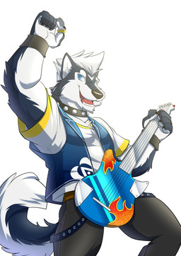 anthro clothed clothing electric_guitar fur guitar male musical_instrument playing_guitar playing_music plucked_string_instrument solo string_instrument oleola123 canid canine canis domestic_dog husky mammal nordic_sled_dog spitz 2017 absurd_res digital_media_(artwork) hi_res