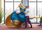 anthro belly belly_overhang beverage big_belly big_breasts breasts building can chair clothed clothing container day detailed_background digitigrade duo ears_back eye_contact female formal_suit furniture grabbing_hands inner_ear_fluff long_tail looking_at_another male obese obese_anthro obese_female office overweight overweight_anthro overweight_female pivoted_ears plant purple_body rug size_difference smile soda table tail thick_thighs tuft window yellow_body biglovealicia aggretsuko sanrio haida_(aggretsuko) retsuko ailurid hyena mammal procyonid raccoon red_panda spotted_hyena 2022 digital_media_(artwork) hi_res signature