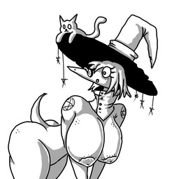 anthro areola arm_under_breasts bent_over big_areola big_breasts breasts butt clothing eyelashes eyewear female freckled_areola freckled_breasts freckled_butt freckled_face freckles glasses hair hat hat_only head_turned headgear headgear_only headwear headwear_only inverted_nipples long_eyelashes magic_user medium_hair mostly_nude nipples nude nude_anthro nude_female occult_symbol open_mouth pentagram pentagram_tattoo shirt_collar short_tail side_view simple_background small_waist solo standing symbol tail tattoo thick_thighs wearing_glasses white_background white_hair wide_hips witch witch_hat zhmernalt domestic_cat familiar felid feline felis mammal steamfalish_witch 1:1 2025 hi_res monochrome