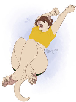 anthro clothed clothing female open_mouth simple_background solo stretching thick_thighs tongue yawn redpixie shay_(redpixie) canid canine mammal 3:4 hi_res