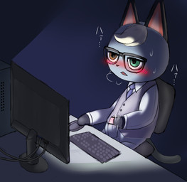 anthro blonde_hair blush bodily_fluids chair clothed clothing computer computer_mouse electronics emanata eyewear fur furniture genitals glasses grey_body grey_fur hair heterochromia ineffective_censorship male masturbation monitor penile penile_masturbation penis sitting solo sweat ateni animal_crossing nintendo raymond_(animal_crossing) domestic_cat felid feline felis mammal 2020 censored hi_res
