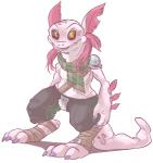 ambiguous_gender anthro barefoot biped bottomwear clothed clothing digitigrade external_gills feet foot_wraps front_view gills looking_away male navel pants smile solo standing topless wraps beelzemon_(artist) amphibian axolotl marine mole_salamander salamander scalie