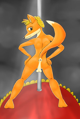 abstract_background anthro anus backsack balls biped blonde_hair butt digitigrade dipstick_tail fur genitals grey_background hair inner_ear_fluff looking_back male markings multicolored_tail nude orange_body orange_fur pole presenting simple_background solo standing stripper tail tail_markings tuft two_tone_tail foxworks terri_fox canid canine fox mammal 2016 hi_res
