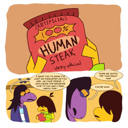 ambiguous_gender anthro brown_hair clothed clothed_anthro clothed_human clothing dialogue duo eye_bags freckled_face freckles hair purple_body purple_scales scales speech_bubble text window yellow_body yellow_sclera yellow_skin ticketytac deltarune undertale_(series) kris_(deltarune) susie_(deltarune) human mammal reptile scalie 1:1 2025 comic digital_drawing_(artwork) digital_media_(artwork) english_description english_text hi_res female_(lore)