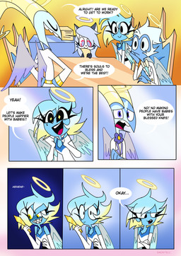 anthro back_wings blue_body blue_skin dialogue eyelashes feathered_wings feathers female flower_accessory freckled_face freckles group halo horn knife long_eyelashes male text tuft wings young emositecc hellaverse helluva_boss blitzo_(helluva_boss) loona_(helluva_boss) millie_(helluva_boss) moxxie_(helluva_boss) angel angel_humanoid canid canid_angel canine cherub humanoid mammal colored comic english_text hi_res