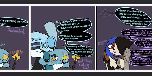 annoyed anthro anthrofied blue_body blue_sclera border clothed clothing collar dark_sclera dialogue ear_piercing ear_ring eyebrow_slit eyebrows facial_piercing female fidgeting fishnet_clothing fur furniture grey_border group hair hat headgear headwear holding_clothing holding_hat holding_headgear holding_headwear holding_object hoop_ear_ring inside kiss_on_forehead kissing lip_piercing looking_away male noogie nuzzling one_eye_obstructed open_mouth piercing profanity purple_eyes ring_piercing simple_background surprised table tail text topwear trio uncomfortable vest white_eyes wide_eyed yellow_eyes gazaster nintendo pokemon aubrey/swatch_(gazaster) gams_(gazaster) lex_(gazaster) canid canine eeveelution felid feline generation_2_pokemon generation_4_pokemon glaceon mammal pokemon_(species) shinx smeargle 2025 comic digital_media_(artwork) english_text hi_res signature nonbinary_(lore)