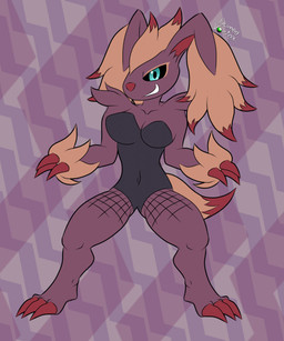 3_toes anthro arm_tuft black_clothing black_sclera blue_eyes breasts brown_body brown_fur bunny_costume claws clothing costume dipstick_tail feet female floppy_ears fur fusion looking_at_viewer markings narrowed_eyes pattern_background pokemon_fusion red_body red_fur shoulder_tuft simple_background smile solo standing tail tail_markings tan_body tan_fur teeth text toes tuft wrist_tuft domedvortex nintendo pokemon generation_4_pokemon generation_5_pokemon hybrid lopunny pokemon_(species) zoroark artist_name hi_res