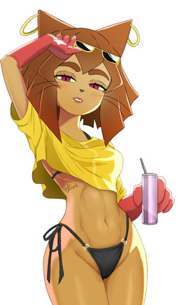 anthro beverage_can bikini black_bikini black_clothing black_swimwear breasts brown_body brown_hair camel_toe clothing crop_top ear_piercing ear_ring eyebrows eyelashes eyewear eyewear_on_head female gloves hair handwear magenta_eyes navel piercing ring_piercing shirt side-tie_bikini solo string_bikini sunglasses sunglasses_on_head swimwear topwear two-piece_swimsuit wearing_sunglasses whiskers yellow_sclera jayfonzil gameoverse glitch_productions grand_theft_auto_vi kit_bodega domestic_cat felid feline felis mammal 2026 hi_res