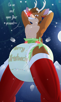 anthro antlers big_diaper clothed clothing dialogue diaper diaper_fetish glowing glowing_nose hands_behind_head horn legwear looking_at_viewer low-angle_view male night solo star text text_on_diaper thigh_highs wearing_diaper burritokitten rudolph_the_red-nosed_reindeer deer mammal new_world_deer reindeer absurd_res english_text hi_res