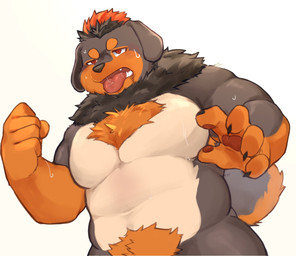 anthro barazoku belly biceps black_body black_fur blush bodily_fluids breath fur male musclegut muscular nude pained_expression pained_look panting pecs pubes solo sweat kamitani_ookami xxl_woofia tayangsuyi canid canine canis domestic_dog mammal mastiff molosser