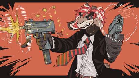 ammunition angry anthro belt clenched_teeth clothing ears_down gun hair holding_gun holding_object holding_ranged_weapon holding_uzi holding_weapon horn long_ears looking_at_viewer mac-11 male necktie pivoted_ears ranged_weapon red_eyes red_hair shooting shooting_gun solo submachine_gun suit teeth teeth_showing weapon mawkvlt kapri_(kapri) bovid caprine goat mammal 16:9 hi_res widescreen