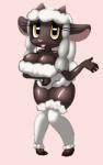 anthro anthrofied big_breasts blush breasts clothed clothing female fur horizontal_pupils horn open_mouth pigtails pokemorph pupils simple_background smile solo white_body white_fur wool_(fur) bit-small nintendo pokemon bovid caprine generation_8_pokemon mammal pokemon_(species) wooloo 2019 hi_res