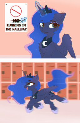 1_horn black_neckwear black_tiara blue_body blue_hair blue_tail closed_smile crown detailed_background eyelashes eyeshadow female female_feral feral fur hair headgear highlights_(coloring) hooves horn inside makeup mischievous motion_blur mouth_closed pink_highlights poster purple_body purple_eyeshadow purple_hooves purple_wings quadruped running school smile solo spiral_horn tail teal_eyes text tiara wings nnalyart friendship_is_magic hasbro my_little_pony mythology princess_luna_(mlp) equid equine mammal mythological_creature mythological_equine winged_unicorn absurd_res comic digital_drawing_(artwork) digital_media_(artwork) english_text flat_colors hi_res