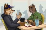 anthro beverage burger cafeteria chatting coffee duo eating food food_tray fries laugh male storytelling jackaloo devin_fox jesse_cat canid canine domestic_cat felid feline felis fox mammal hi_res