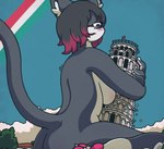 anthro belly black_arms black_body black_ears black_face black_fur black_hair black_legs black_paws black_tail blue_sky blush breasts city cloud featureless_breasts female fur hair hug hugging_object inner_ear_fluff italy leaning_tower_of_pisa looking_at_building looking_down_at_object macro macro_female multicolored_hair narrowed_eyes pawpads pink_hair_tips pink_pawpads plant pupils purple_eyes sitting sitting_on_ground sky solo spreading tail tree tuft two_tone_hair white_belly white_body white_breasts white_face white_fur white_inner_ear_fluff doover80s domestic_cat felid feline felis mammal hi_res