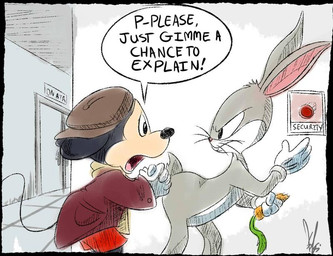 anthro black_nose button_(fastener) carrot clothing dialogue duo food frown fur gloves handwear holding_food holding_object male open_mouth pink_nose plant pushbutton speech_bubble teeth text vegetable whiskers kicsterash disney looney_tunes warner_brothers bugs_bunny mickey_mouse house_mouse lagomorph leporid mammal mouse murid murine rabbit rodent crossover digital_media_(artwork) english_text