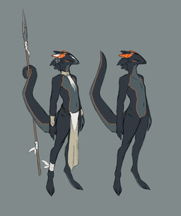 4_fingers anthro bandage biped black_body bottomwear clothing digitigrade fingers grey_body hair horn loincloth machine male markings melee_weapon multicolored_body nude orange_markings polearm simple_background solo spear standing weapon annoy annoy_(character) robot unknown_species 2020 digital_media_(artwork) hi_res model_sheet andromorph_(lore)