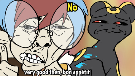 banana bodily_fluids disgust duo eyewear female feral food fruit gesture glasses hand_gesture humor male nervous plant saliva teeth thumbs_up blitzdrachin conditional_dnp nintendo pokemon red_flags_(tom_cardy) penny_(pokemon) eeveelution generation_2_pokemon human mammal pokemon_(species) umbreon 16:9 meme widescreen