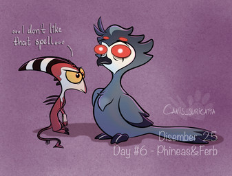 beak chest_tuft claws dialogue duo feathers feral horn male mouth_closed multi_eye nude paws red_eyes sitting spade_tail tail tail_feathers text tuft wide_eyed atimon disney hellaverse helluva_boss phineas_and_ferb blitzo_(helluva_boss) stolas_(helluva_boss) avian demon imp 2025 signature