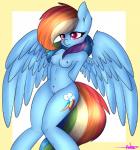 anthro blue_body blue_feathers blue_skin breasts feathered_wings feathers female genitals hair multicolored_hair multicolored_tail pussy rainbow_hair rainbow_tail smile solo spread_wings tail wings ashee friendship_is_magic hasbro my_little_pony mythology rainbow_dash_(mlp) equid equine horse mammal mythological_creature mythological_equine pegasus pony 2016 absurd_res hi_res