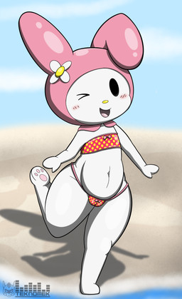 anthro black_eyes blush clothing female flower headgear headwear hood looking_at_viewer one_ear_up open_mouth pink_clothing pink_headwear pink_hood plant simple_background solo swimwear white_body teknomekanoid onegai_my_melody sanrio my_melody lagomorph leporid mammal rabbit absurd_res hi_res