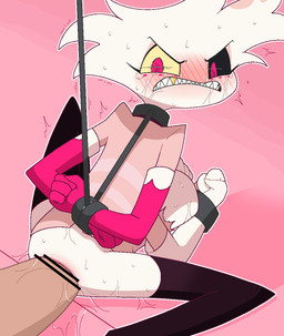 anal anal_fisting anal_fluids anal_penetration armwear black_sclera blush blush_lines bodily_fluids bound censored_anus clenched_teeth clothed clothed_humanoid clothed_male clothing crying disembodied_hand elbow_gloves fisting fur fur_tuft gloves gold_(metal) gold_tooth handwear head_tuft humanoid_focus intersex intersex_humanoid leggings legwear looking_at_another looking_back looking_back_at_another male male_focus monotone_body monotone_fur multicolored_sclera partially_clothed penetration pink_background pink_eyes restrained shackled shirt simple_background sitting slim slim_humanoid slim_male solo_focus sweat tears teeth three-quarter_view topwear tuft two_tone_sclera white_body white_fur omnivore_(artist) hazbin_hotel hellaverse angel_dust arachnid arthropod humanoid spider 2026 cel_shading censored digital_drawing_(artwork) digital_media_(artwork) hi_res shaded