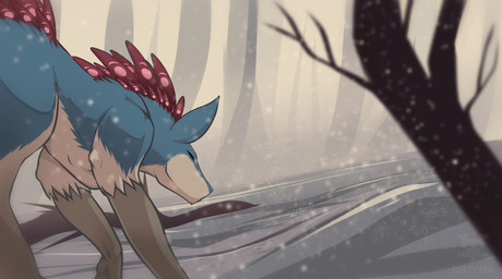 feral forest hunter male outside plant sky snow solo tree walking winter ratcha canid canine canis mammal wolf 2017 absurd_res digital_media_(artwork) hi_res smaller_version_at_source