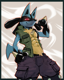 abs anthro athletic athletic_anthro athletic_male black_body black_fur blue_body blue_fur bulge chest_spike clothed clothing exposed_chest fur fur_tuft hand_on_hip jacket looking_at_viewer male male_anthro open_clothing open_jacket open_topwear pecs red_eyes smile smiling_at_viewer solo spikes spikes_(anatomy) tan_body tan_fur topwear tuft darkluxia nintendo pokemon louis_(kaydark7) generation_4_pokemon lucario pokemon_(species) 4:5 absurd_res digital_media_(artwork) hi_res
