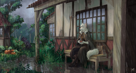 anthro bench boots building cloak clothed clothing container cottage cup detailed_background female footwear fully_clothed fur garden hair halberd holding_container holding_cup holding_object melee_weapon plant pointy_ears polearm prick_ears raining red_eyes shoes solo tail tree weapon white_body white_fur white_hair window shamerli arctic_fox canid canine fox mammal true_fox 2022 digital_media_(artwork) hi_res signature