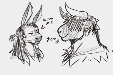 anthro closed_smile clothed clothing dialogue duo hair horn long_hair male male_anthro mouth_closed narrowed_eyes short_hair side_view smile text jezzlen chuy_(jezzlen) asinus bovid bovine cattle donkey equid equine mammal 3:2 english_text monochrome sketch