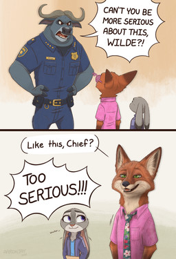 aloha_shirt anthro black_nose clothed clothed_anthro clothed_female clothed_male clothing dialogue fangs female fur grey_body grey_fur group horn humor male pattern_clothing pattern_shirt pattern_topwear photorealism pink_nose police police_uniform realistic red_body red_fur shirt smile speech_bubble teeth text topwear trio uniform aar0njay disney too_serious zootopia chief_bogo judy_hopps nick_wilde bovid bovine canid canine cape_buffalo european_rabbit fox lagomorph leporid mammal oryctolagus rabbit red_fox true_fox comic english_text hi_res meme