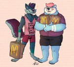 anthro bear belly blue_body blue_fur blush canid canine canis clothed clothing fast_food food fur hair hi_res male mammal mcdonald's obese obese_anthro obese_male overweight overweight_anthro overweight_male pink_hair purple_hair raccoonkind text text_on_clothing toza wolf yukon