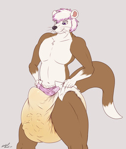 anthro big_diaper bodily_fluids diaper diaper_bulge diaper_stuffing duo erection erection_in_diaper genital_fluids grabbing_diaper grin inside_diaper macro male micro micro_in_diaper sagging_diaper smile standing unclean_diaper urine used_diaper wet_diaper steelshark bandai_namco digimon data_(datahazard64) digimon_(species) guilmon mammal mustelid otter absurd_res hi_res