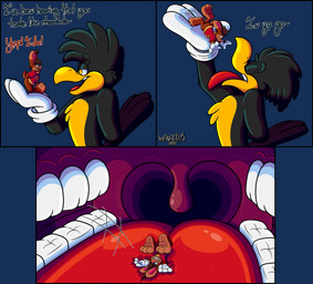 3_toes 4_fingers anthro beak big_feet big_tongue big_uvula cartoon_gloves clothing duo extreme_size_difference eyewear feet fingers glasses in_mouth inside_mouth long_tongue macro male male/male mawplay micro open_beak open_mouth pawpads paws red_tongue shirt size_difference soles tail text thick_tongue toes tongue toony topwear uvula vore wearing_glasses whiskers wide_tongue marquis2007 roderick_(tamerkoh) zak_(marquis2007) avian bird corvid corvus_(genus) crow lagomorph leporid mammal oscine passerine rabbit absurd_res alpha_channel comic english_text hi_res