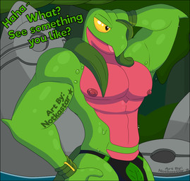 anthro big_muscles big_pecs blep blinking clothing flexing_pecs male muscular nipples pecs pond solo text thong tongue tongue_out underwear water water_drop wet yellow_sclera conditional_dnp notkastar nintendo pokemon generation_3_pokemon grovyle pokemon_(species) 2d_animation animated english_text frame_by_frame high_framerate