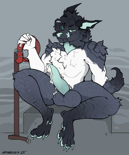 anthro balls black_body black_fur blue_body blue_fur bodily_fluids chair claws collar cum cum_drip cum_dripping_from_penis cum_from_penis cum_on_body dripping ejaculation feet fur furniture genital_fluids genitals grey_body grey_fur leaking_cum leash looking_at_viewer looking_pleasured male multicolored_body multicolored_fur on_chair penis sitting sitting_on_chair smile smirk solo tapering_penis teasing teasing_viewer tongue tongue_out unusual_anatomy unusual_genitalia white_body white_fur mrpanovvy vulpeh canid mammal hi_res